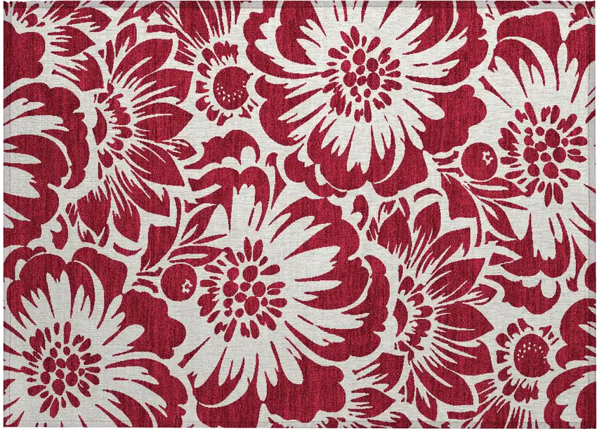 Burgundy and White Floral Washable Non Skid Indoor Outdoor Area Rug Photo 2
