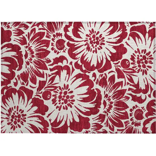 Burgundy and White Floral Washable Non Skid Indoor Outdoor Area Rug Photo 2