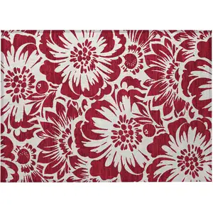 Photo of Burgundy and White Floral Washable Non Skid Indoor Outdoor Area Rug