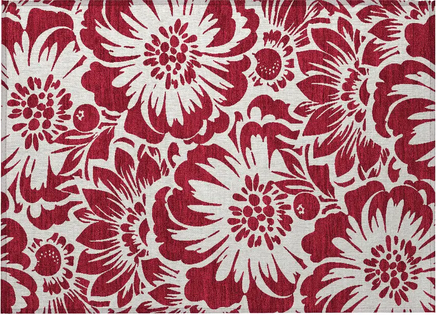 Burgundy and White Floral Washable Non Skid Indoor Outdoor Area Rug Photo 4