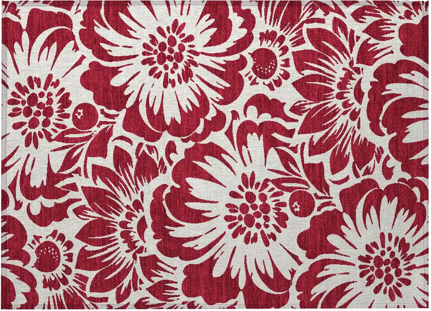 Burgundy and White Floral Washable Non Skid Indoor Outdoor Area Rug Photo 5