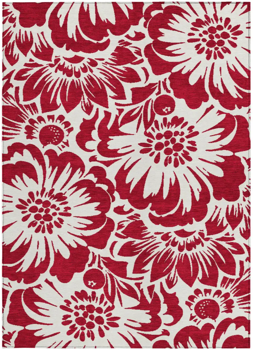 Burgundy and White Floral Washable Non Skid Indoor Outdoor Area Rug Photo 5