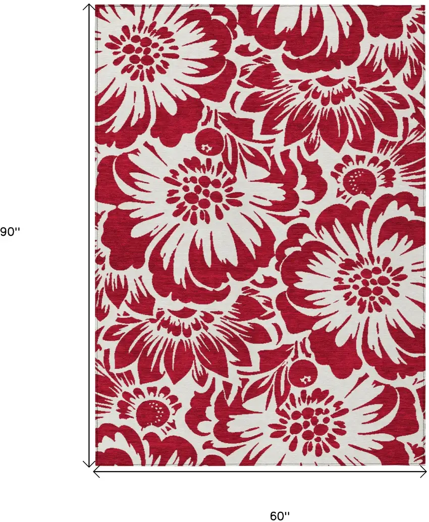 Burgundy and White Floral Washable Non Skid Indoor Outdoor Area Rug Photo 3