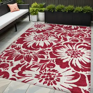 Photo of Burgundy and White Floral Washable Non Skid Indoor Outdoor Area Rug