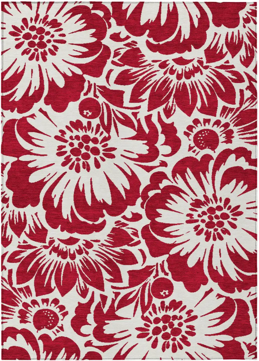 Burgundy and White Floral Washable Non Skid Indoor Outdoor Area Rug Photo 2