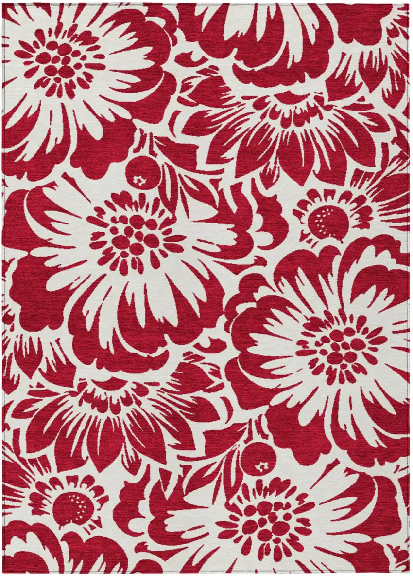 Burgundy and White Floral Washable Non Skid Indoor Outdoor Area Rug Photo 2