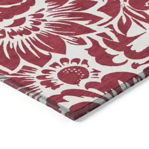 Photo of Burgundy and White Floral Washable Non Skid Indoor Outdoor Area Rug