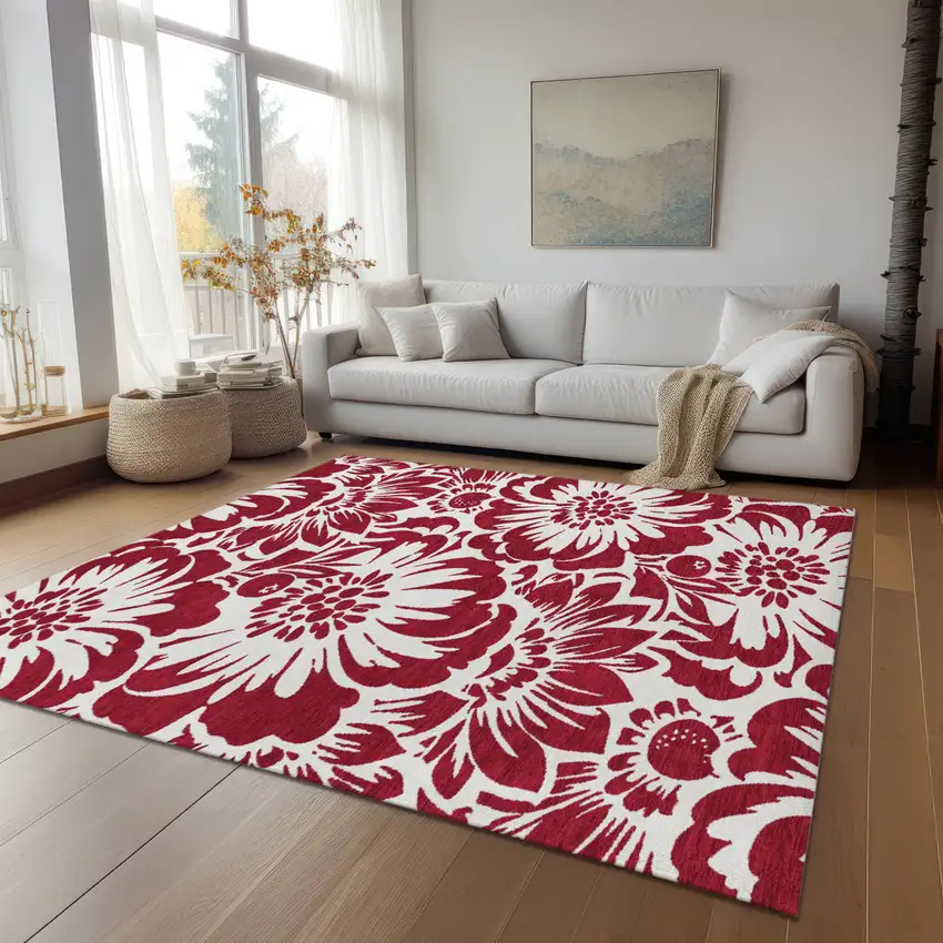 Burgundy and White Floral Washable Non Skid Indoor Outdoor Area Rug Photo 9