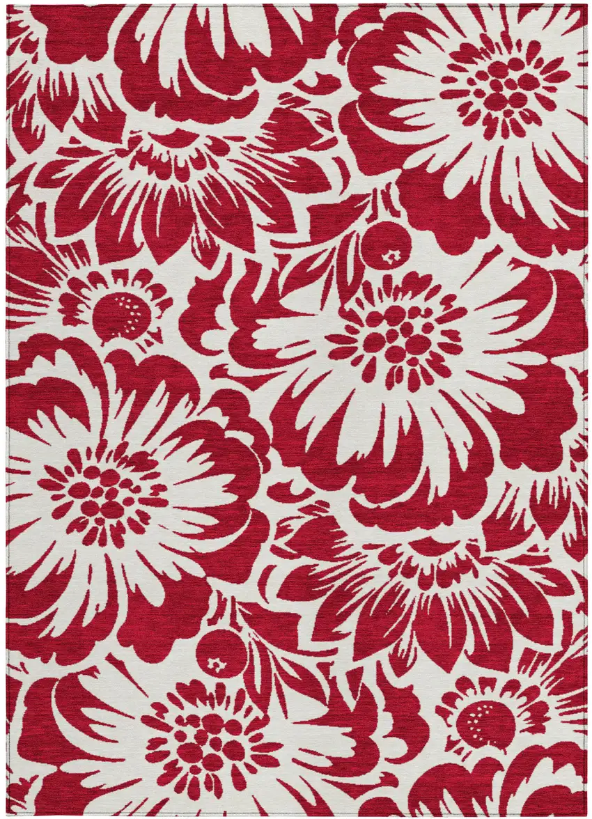 Burgundy and White Floral Washable Non Skid Indoor Outdoor Area Rug Photo 5