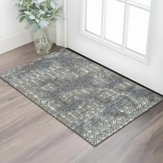 Burnished Brown And Blue Tribal Washable Area Rug With UV Protection Photo 1