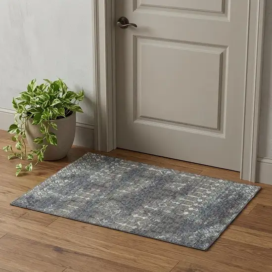 Burnished Brown And Blue Tribal Washable Area Rug With UV Protection Photo 1