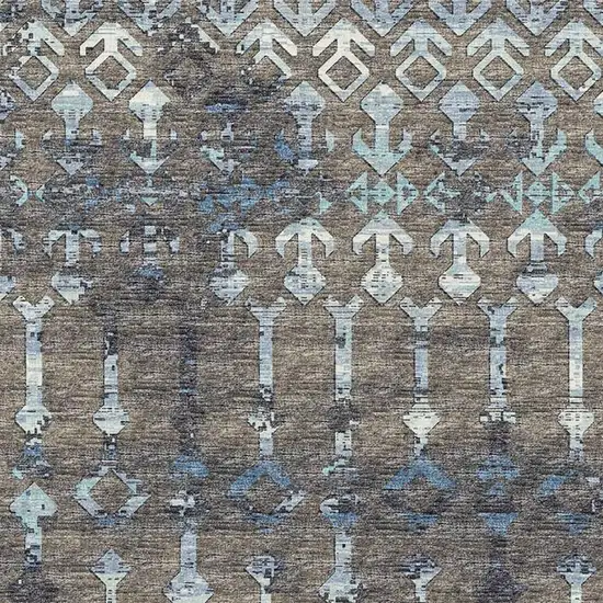 Burnished Brown And Blue Tribal Washable Area Rug With UV Protection Photo 4