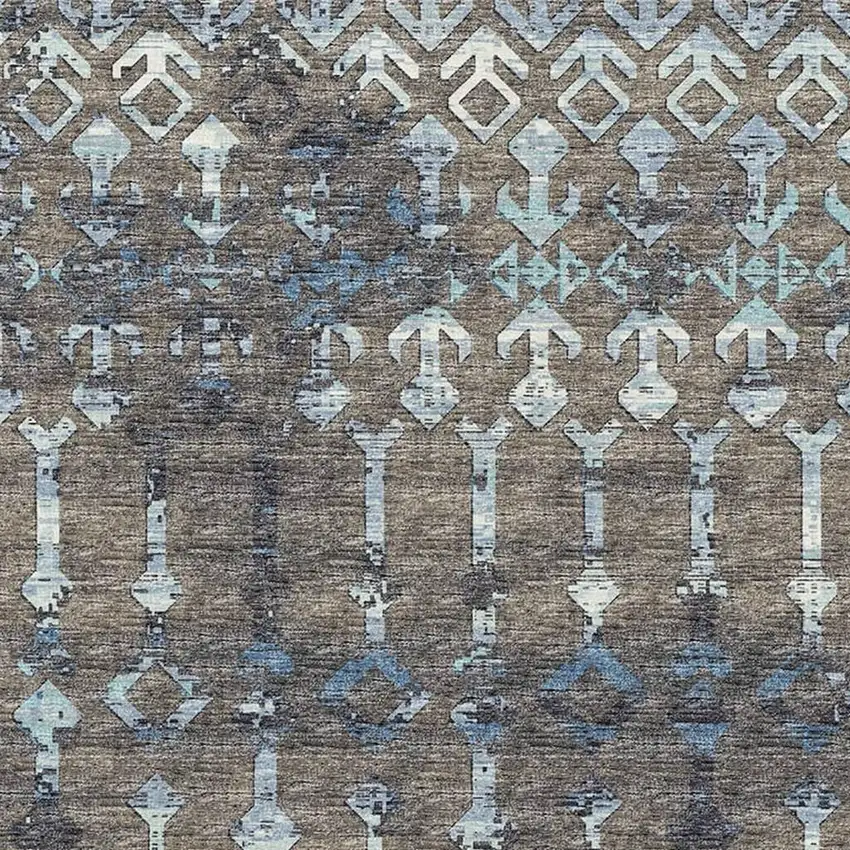 Burnished Brown And Blue Tribal Washable Area Rug With UV Protection Photo 4