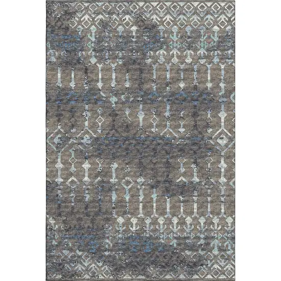 Burnished Brown And Blue Tribal Washable Area Rug With UV Protection Photo 2