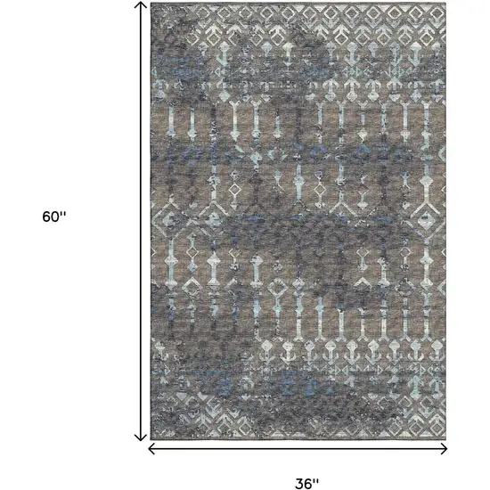 Burnished Brown And Blue Tribal Washable Area Rug With UV Protection Photo 3