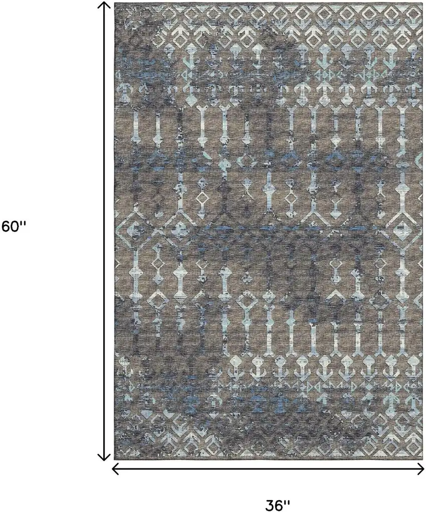 Burnished Brown And Blue Tribal Washable Area Rug With UV Protection Photo 3