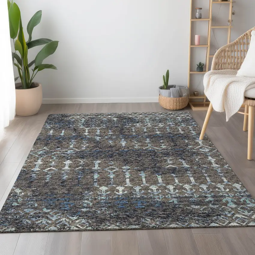 Burnished Brown And Blue Tribal Washable Area Rug With UV Protection Photo 6