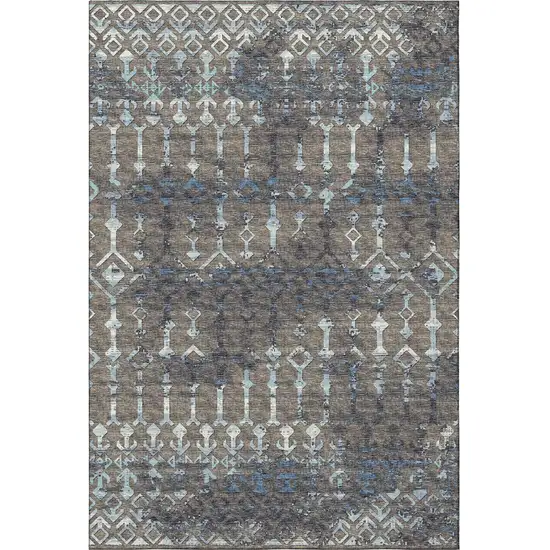 Burnished Brown And Blue Tribal Washable Area Rug With UV Protection Photo 5