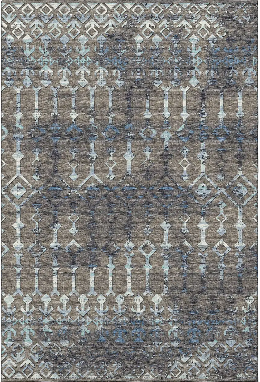 Burnished Brown And Blue Tribal Washable Area Rug With UV Protection Photo 5