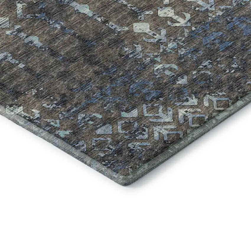 Burnished Brown And Blue Tribal Washable Area Rug With UV Protection Photo 9