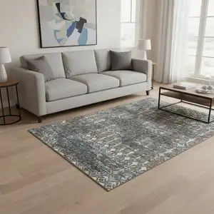 Photo of Burnished Brown And Blue Tribal Washable Area Rug With UV Protection