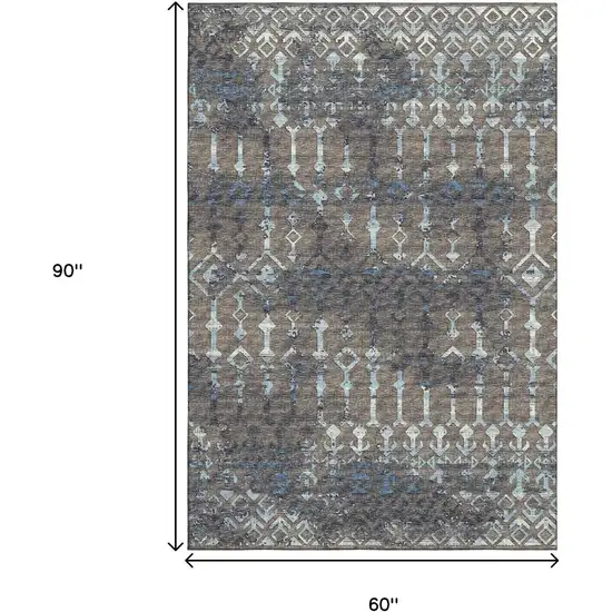 Burnished Brown And Blue Tribal Washable Area Rug With UV Protection Photo 3