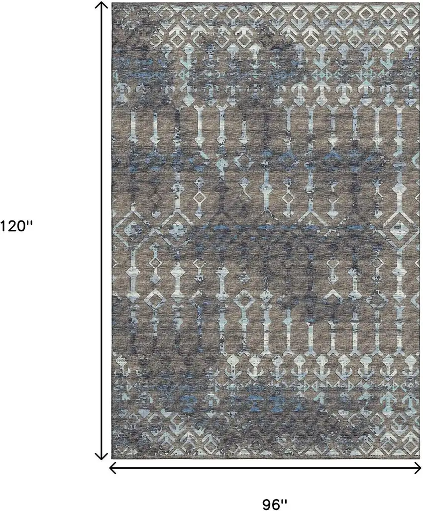 Burnished Brown And Blue Tribal Washable Area Rug With UV Protection Photo 3