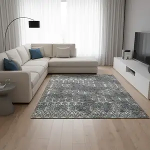 Photo of Burnished Brown And Blue Tribal Washable Area Rug With UV Protection