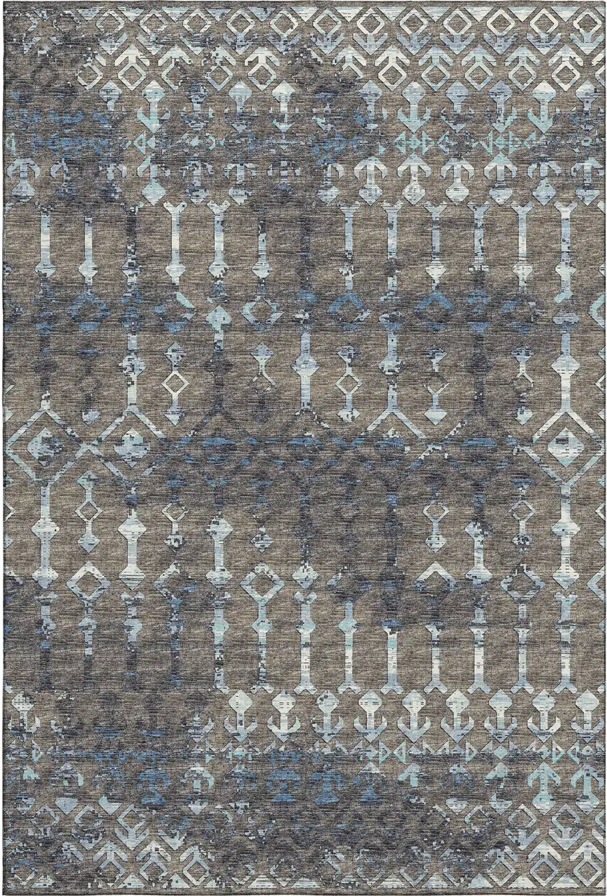 Burnished Brown And Blue Tribal Washable Area Rug With UV Protection Photo 2