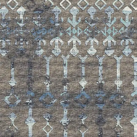 Burnished Brown And Blue Tribal Washable Area Rug With UV Protection Photo 4