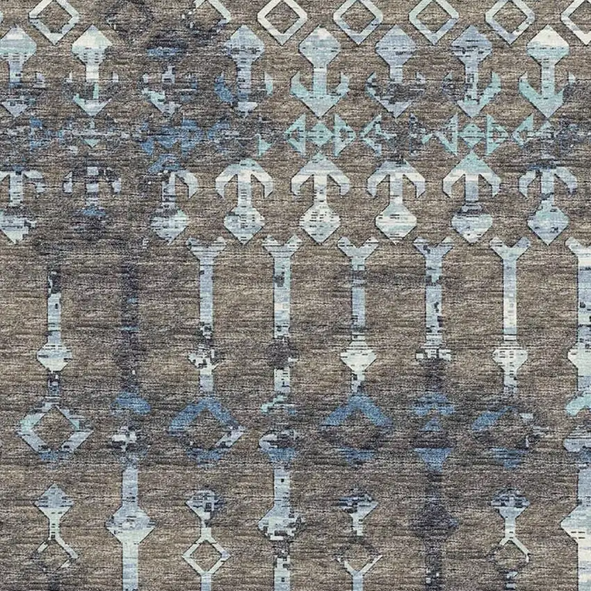 Burnished Brown And Blue Tribal Washable Area Rug With UV Protection Photo 4