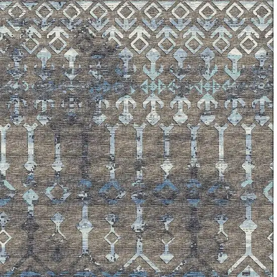 Burnished Brown And Blue Tribal Washable Area Rug With UV Protection Photo 5