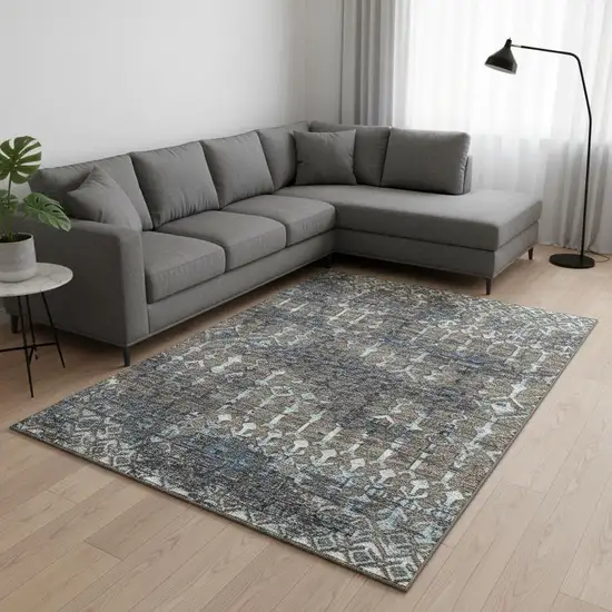 Burnished Brown And Blue Tribal Washable Area Rug With UV Protection Photo 1