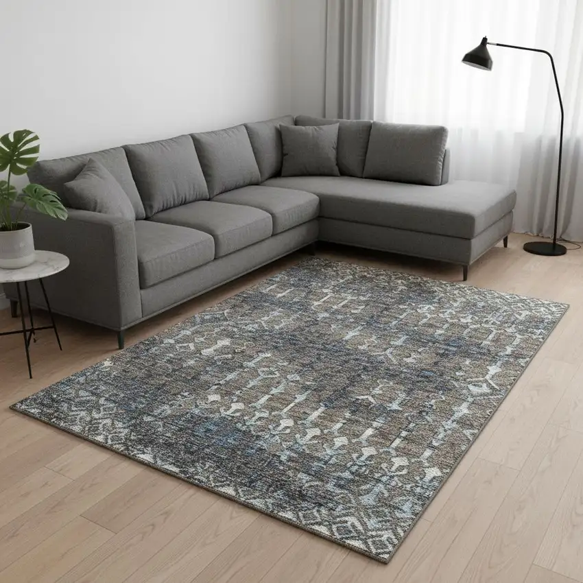 Burnished Brown And Blue Tribal Washable Area Rug With UV Protection Photo 1