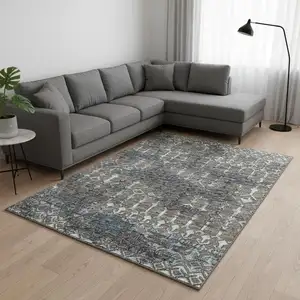 Photo of Burnished Brown And Blue Tribal Washable Area Rug With UV Protection