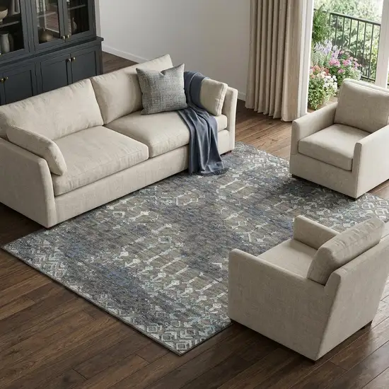 Burnished Brown And Blue Tribal Washable Area Rug With UV Protection Photo 1