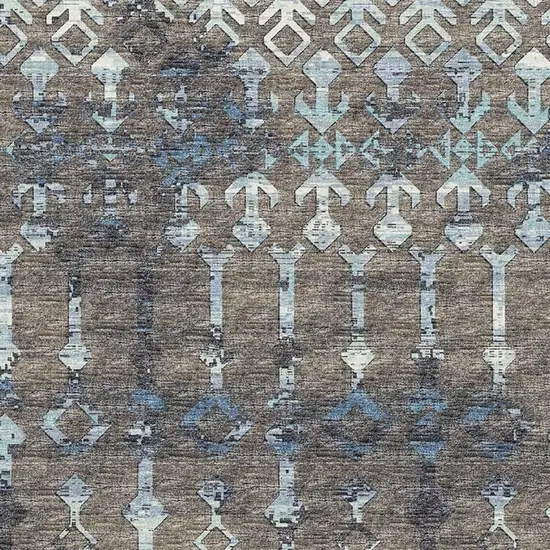 Burnished Brown And Blue Tribal Washable Area Rug With UV Protection Photo 4