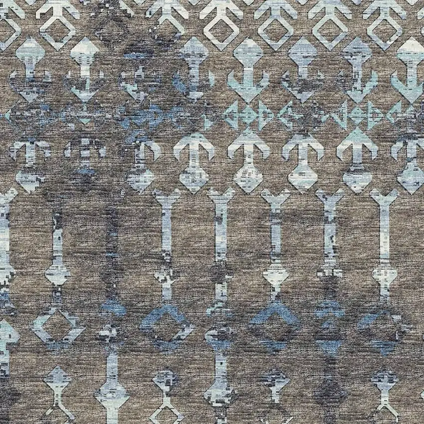 Burnished Brown And Blue Tribal Washable Area Rug With UV Protection Photo 4