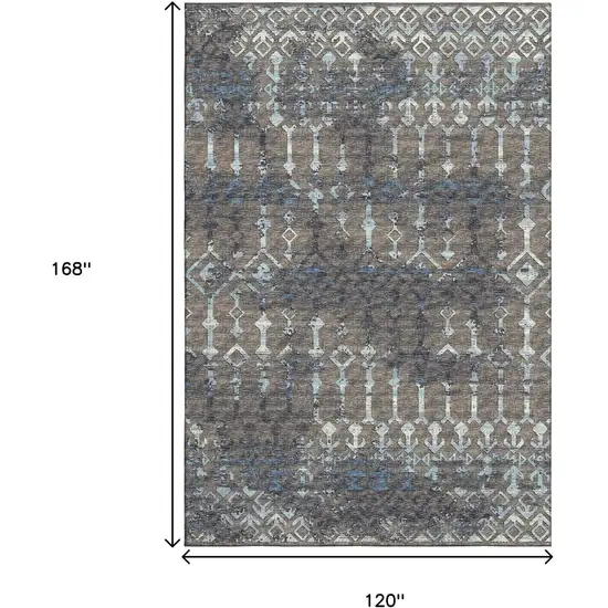 Burnished Brown And Blue Tribal Washable Area Rug With UV Protection Photo 3