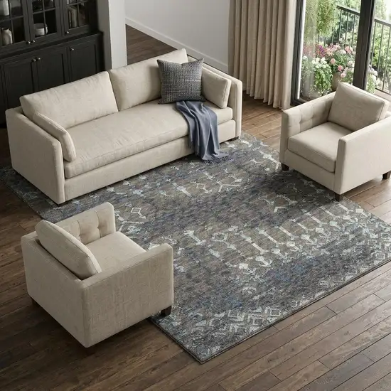 Burnished Brown And Blue Tribal Washable Area Rug With UV Protection Photo 1