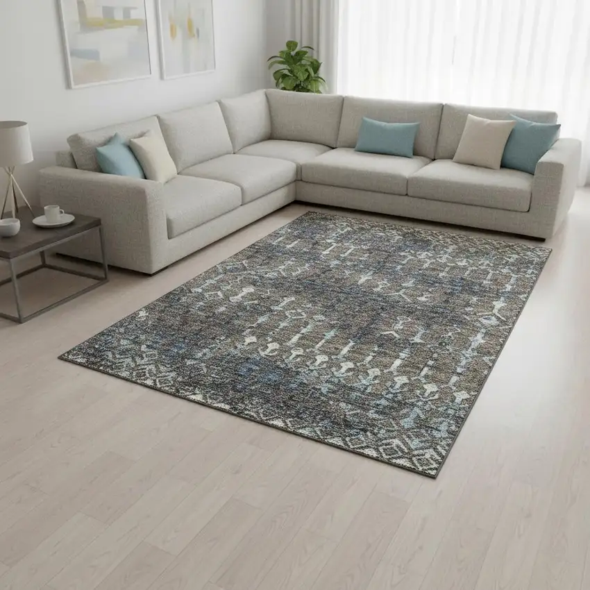 Burnished Brown And Blue Tribal Washable Area Rug With UV Protection Photo 1