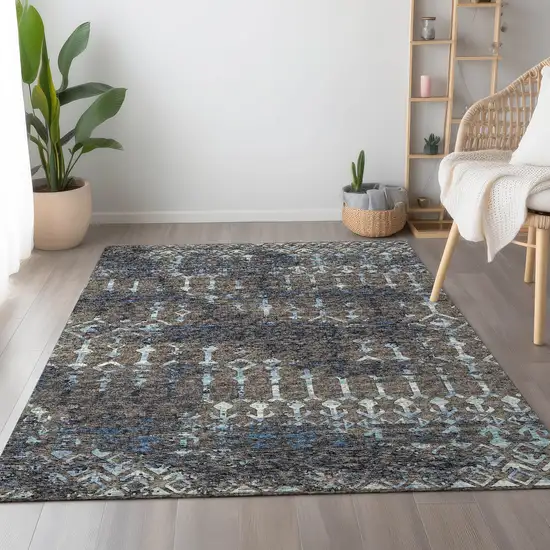 Burnished Brown And Blue Tribal Washable Area Rug With UV Protection Photo 6