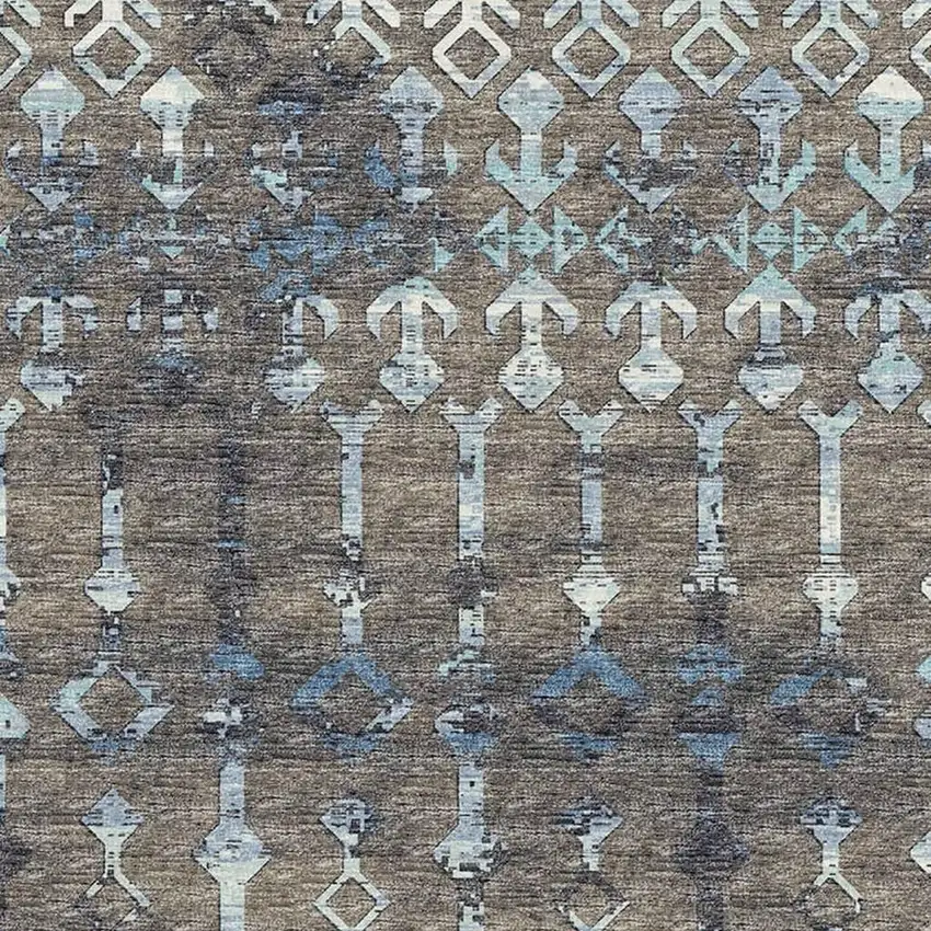 Burnished Brown And Blue Tribal Washable Area Rug With UV Protection Photo 4