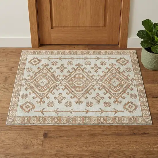 Burnt Sienna And Beige Diamond Distressed Washable Area Rug With UV Protection Photo 1