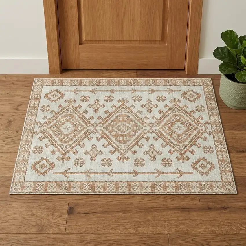 Burnt Sienna And Beige Diamond Distressed Washable Area Rug With UV Protection Photo 1