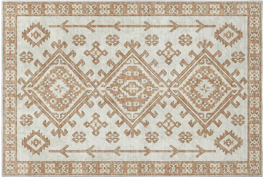Burnt Sienna And Beige Diamond Distressed Washable Area Rug With UV Protection Photo 2