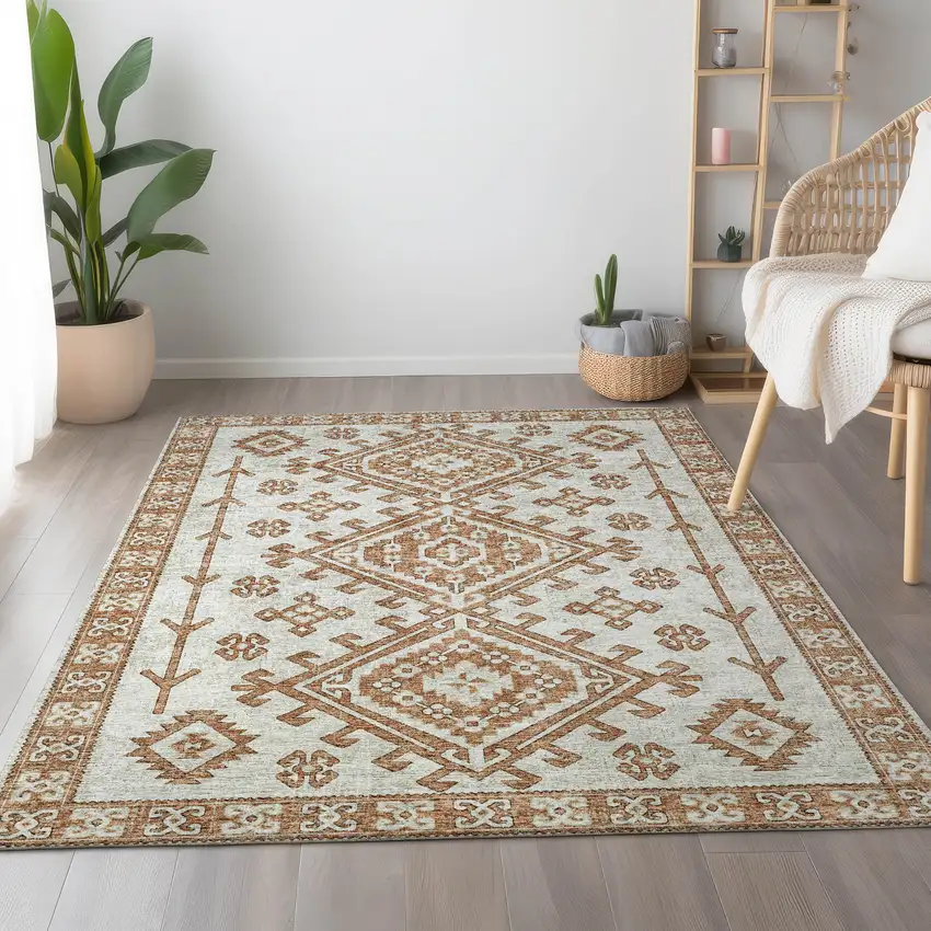 Burnt Sienna And Beige Geometric Washable Area Rug With UV Protection Photo 4