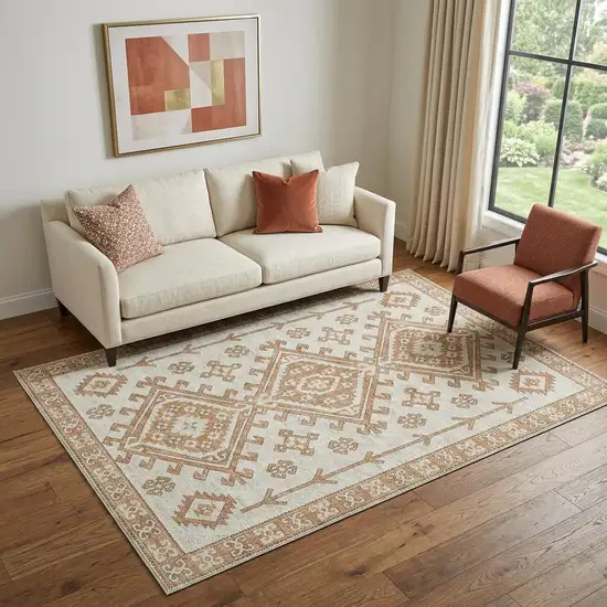 Burnt Sienna And Beige Diamond Distressed Washable Area Rug With UV Protection Photo 1
