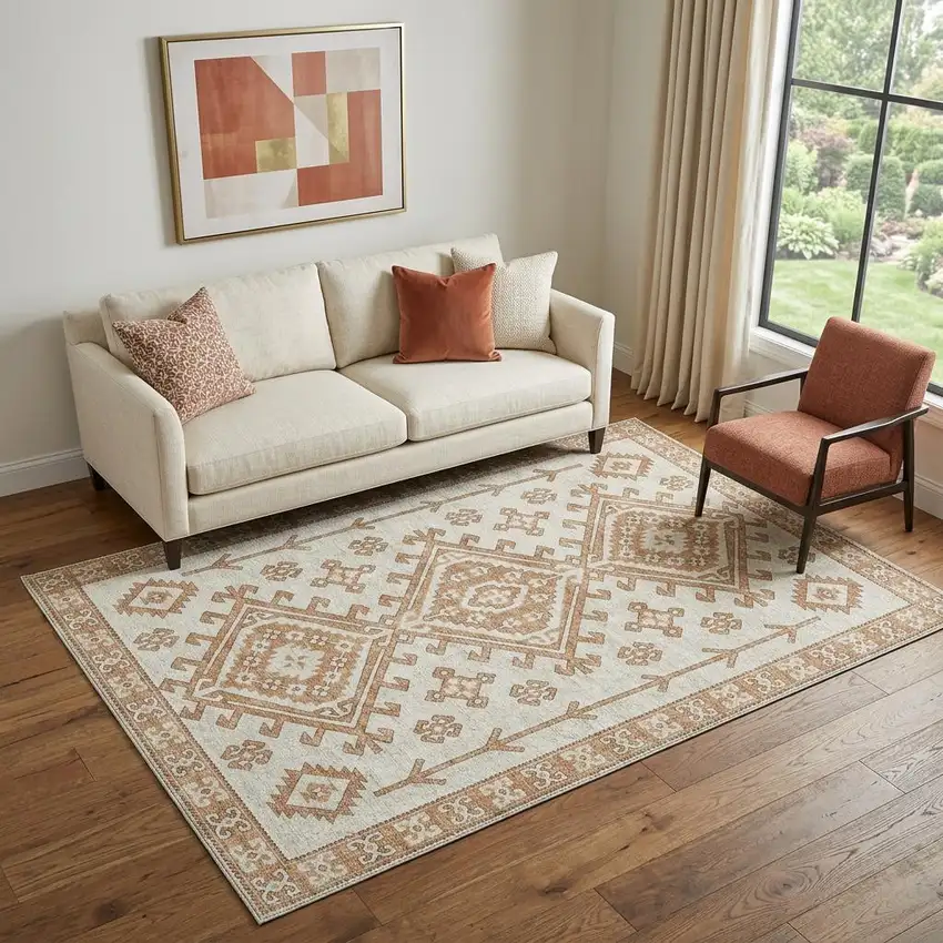 Burnt Sienna And Beige Diamond Distressed Washable Area Rug With UV Protection Photo 1