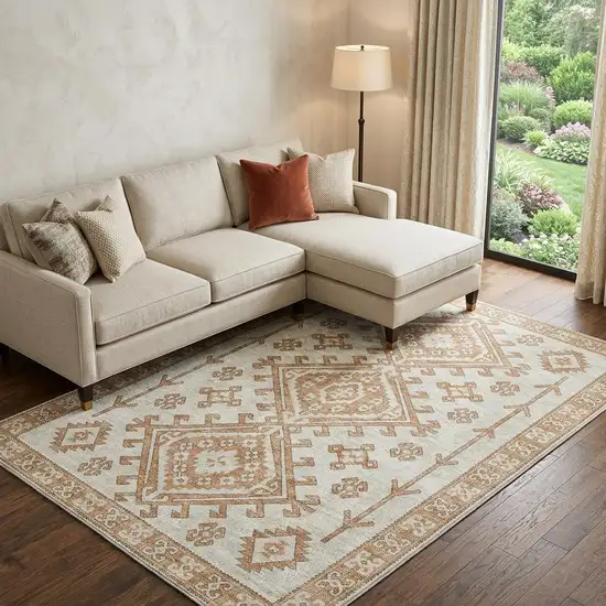 Burnt Sienna And Beige Diamond Distressed Washable Area Rug With UV Protection Photo 1